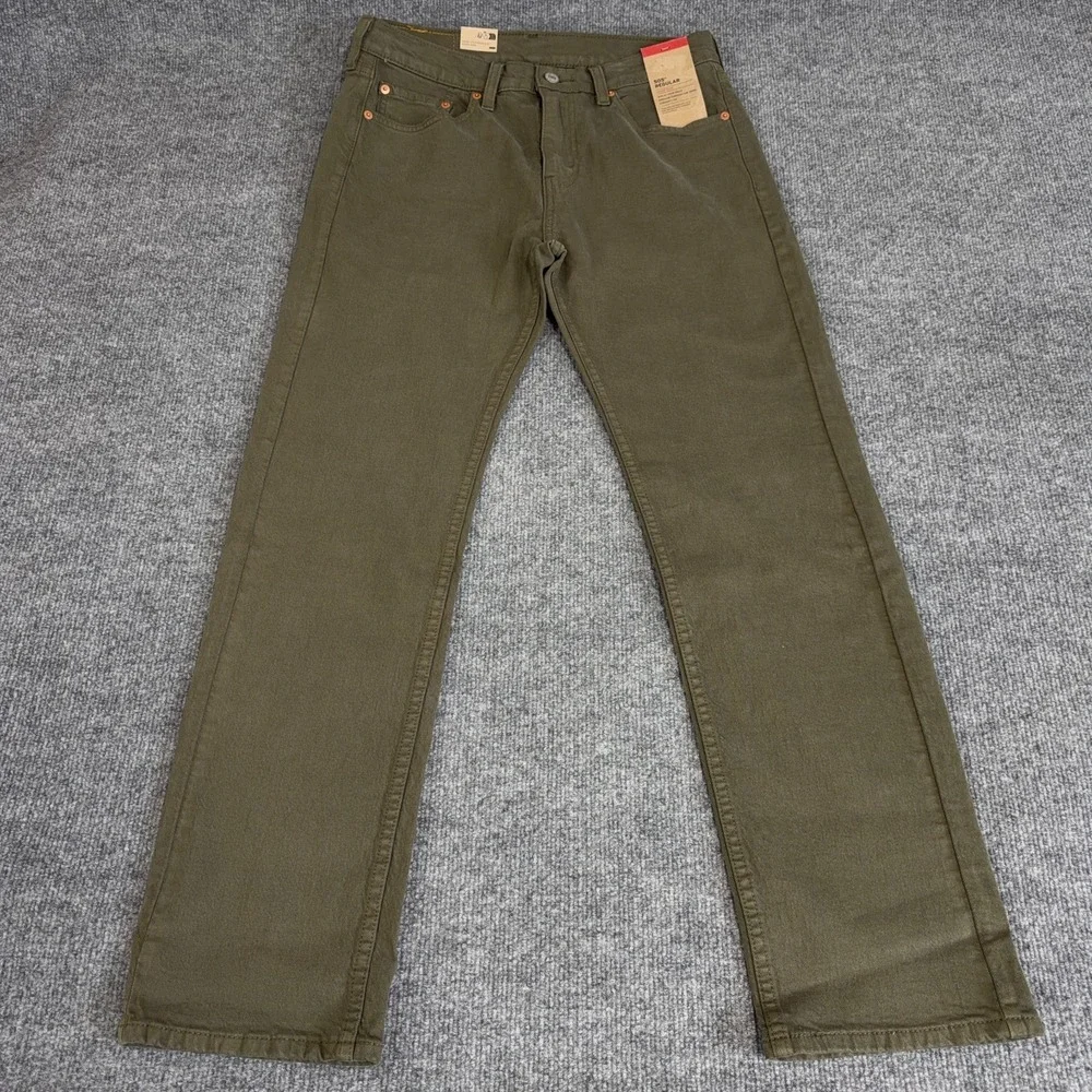 Levis 505 Jeans Men 30x30 Army Olive Green Denim 5 Pocket Straight Leg Stretch